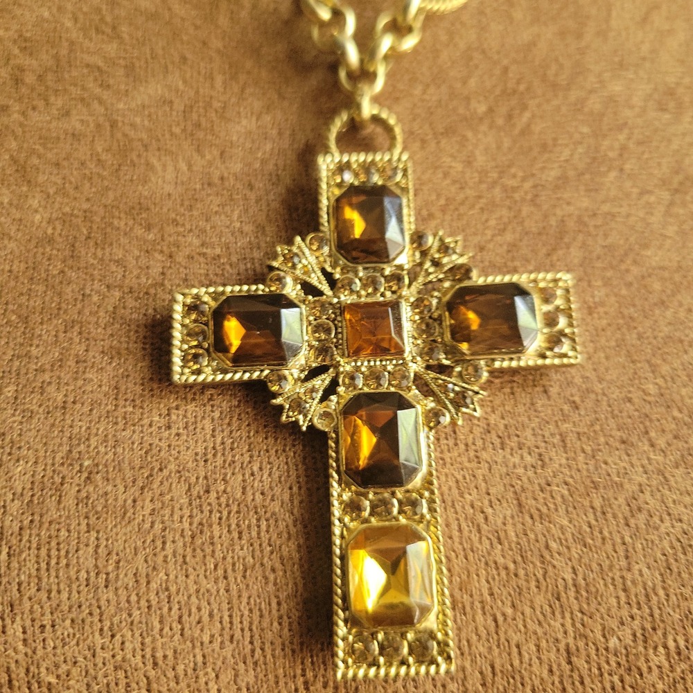 Vintage Gold Amber‎ Crystal Cross Pendant Necklace 18-22" Adjustable Whimsigoth